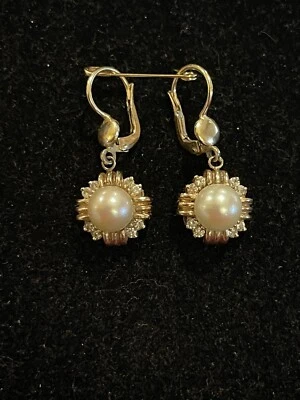Halo Style Natural Diamond & Pearl 14k Yellow gold Dangle Earrngs 7.23 gr Vntg - Image 1 of 4