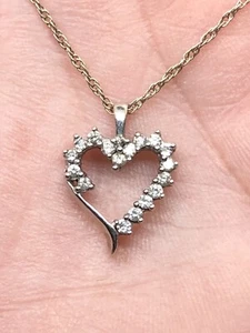 Beautiful 14kt White Gold Heart Diamond Pendant & Chain Necklace 15 1/2” - Picture 1 of 7