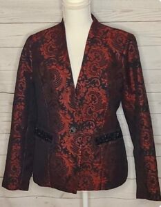 CHICO'S Women's Blazer Jacket Size M-Red & Black Baroque Pattern