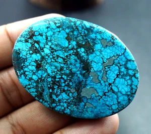 170.50Ct Certified Black Natural Spiderweb Turquoise BlueOval Untreated Gemstone - Picture 1 of 8