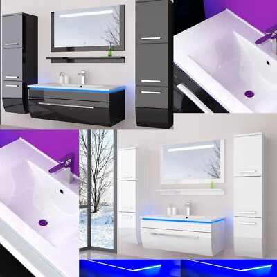Badmöbel Set montiert Weiss oder Schwarz Hochglanz Badezimmermöbel 6tlg LED 90cm - Bild 1 von 4