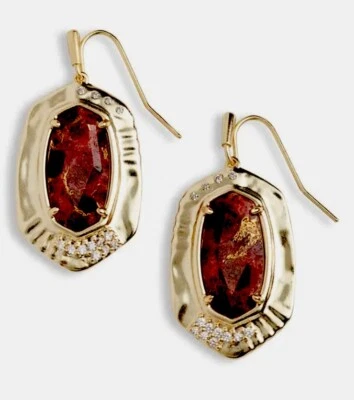 KENDRA SCOTT Anna Gold Drop Earrings in Bronze Veined Maroon Jade-Vintage New! - Image 1 of 4