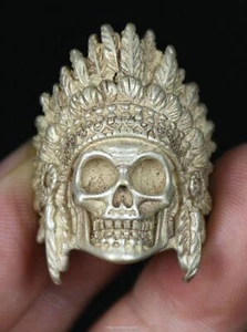 3.5CM Old China Miao Silver Feng Shui American Indian Skull Head Finger Ring - Picture 1 of 5