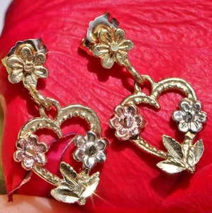 14k gold multi tone earrings 0.75" dangle rose heart vintage 1.8g Fortunoff N280 - Picture 1 of 12