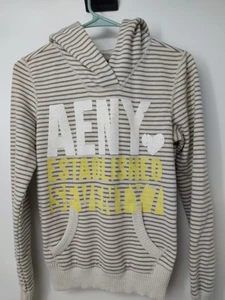 American Eagle Fleece Striped Pullover Sweatshirt SizeXS Front Pocket Hoodie - Picture 1 of 9