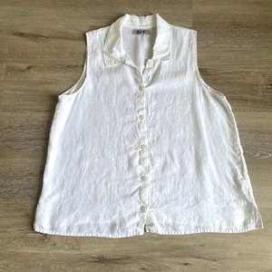 FLAX Women's 100% Linen Collared Sleeveless Top White Large Button Down Shirt - Picture 1 of 7