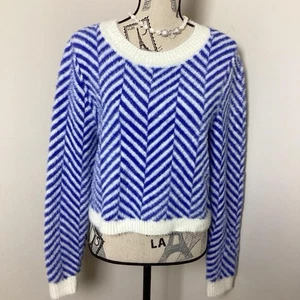 Damen blau weiß diagonale Gitterstreifen flauschige Wimpern Strick XL neu mit Etikett - Bild 1 von 4