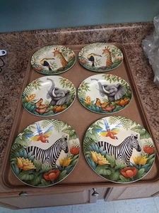 6 Sakura Jungle Animals Salad Plates Stephanie Stouffer Giraffe Toucan Stoneware - Picture 1 of 9