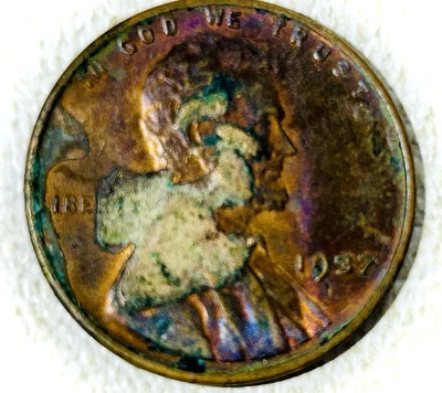 1937 Lincoln Wheat Cent with Colorful Obverse and Reverse Lamination Error  - Image 1 of 3