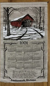 Vintage 1974 Tea Towel Linen Hanging Calendar Barn Frankenmuth, Michigan W/dowel - Picture 1 of 1