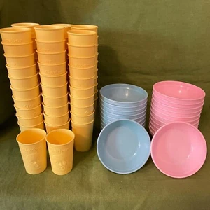 60s Vintage Gerber Baby Yellow Pink Blue Plastic Cups & Bowls Set 115 Piece Lot - Picture 1 of 4