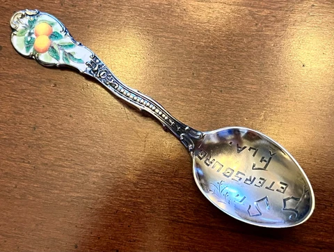 SHEPARD St. Petersburg Pete FLORIDA Oranges Blossom ENAMEL Sterling Silver Spoon Cover