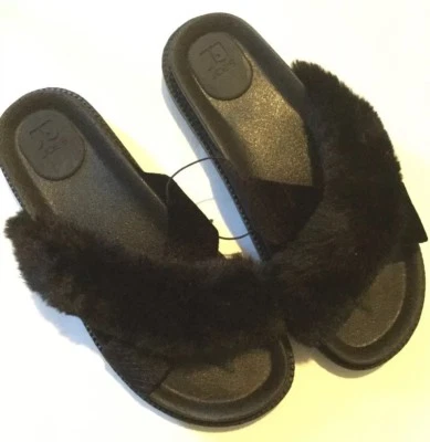 Joes Jeans Women Black Faux Fur Slides Sandals Flip Flop Outdoor Slippers Size 7 - Image 1 of 4