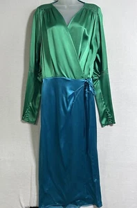 The Attico Two Tone Victoria Satin Wrap Maxi Dress Sz 11 Long Sleeve Deep V Neck - Picture 1 of 11
