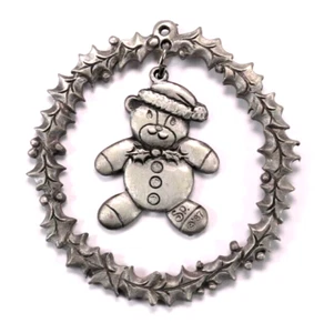 Pewter Teddy Bear in Holly Wreath Christmas Tree Ornament by Spoontiques 1987 - Picture 1 of 3
