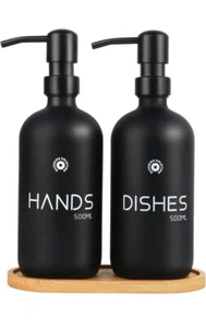2-Pack Dish/Hand Soap Dispenser 16oz Glass Bottles W/ Steel Pumps & Wood Stand - Picture 1 of 6