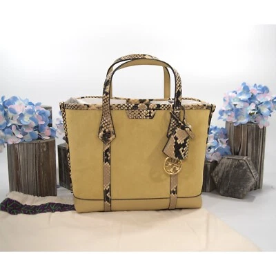 Tory Burch Perry Cornbread Suede Exotic Snake Small Triple Compartment Tote BNWT - Image 1 of 4