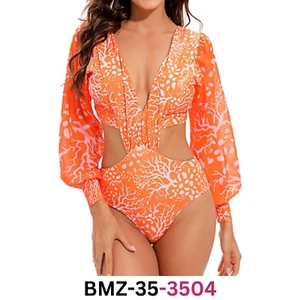 Women One Piece Swimsuit Long Sleeve Bathing Suit Sexy Bodysuit Puff Sleeve, XL - Picture 1 of 8