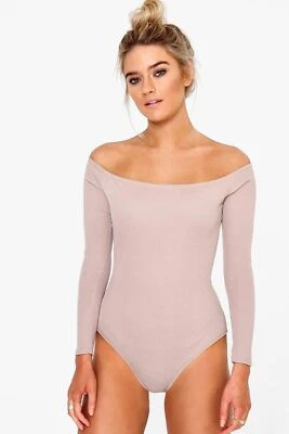 NUEVO Body Boohoo Frances Acanalado Fuera del Hombro Manga Larga Desnudo Talla 8 EE. UU. Foto 1 de 4