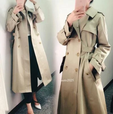 Korean Lady Double-Breasted Windbreaker Trench Coats Long Jacket Outerwear - Image 1 of 4