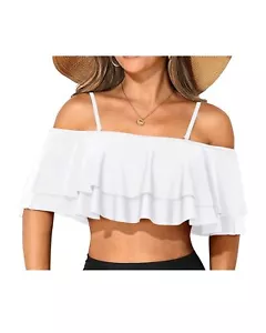 Women Ruffle Bikini Top White Off Shoulder Swim Top Flounce Swimsuit Top Bath... - Picture 1 of 6