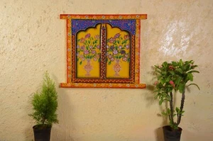 Multicolor Jharokha Wall Decor Hand Carved Embossed Wall Hanging Wooden Window - Picture 1 of 4