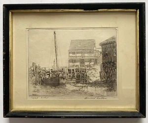 Rare Antique Linwood Easton Signed Etching Coastal Maine Harbor Boats Seaside - Picture 1 of 16