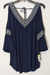 SIMPLY STYLED Navy w White Embroidery, Cold Shoulder 3/4 Sleeve Top; Size L - Picture 1 of 7