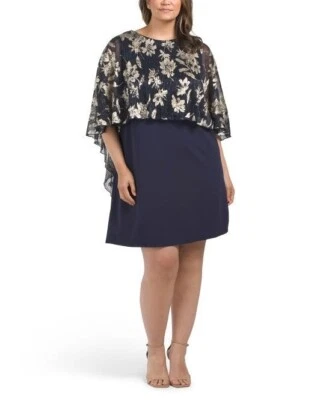 MARINA Womens Navy Blue Gold Sheer Capelet Overlay Party Dress Plus Sz 3X New - Image 1 of 4