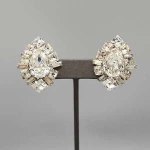 50er Jahre unsignierte klare Birne Smaragd Strass Marquis Form Clip Ohrringe - Bild 1 von 9