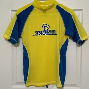 SUNSPECS Tribal Surf High Neck RashGuard with Loop Yellow Blue Youth Large - Picture 1 of 5