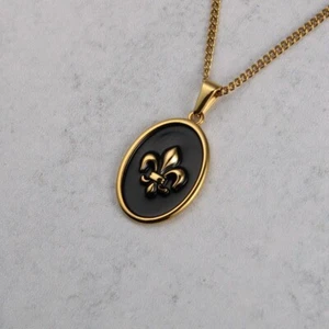 Gold Fleur De Lis Pendant Chain Necklace Black Enamel - Picture 1 of 5