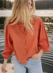 Fat Face Jude Jacquard Rust Brown Blouse Top Sz Uk 14 Button Front Shirt Vgc #J - Picture 1 of 12