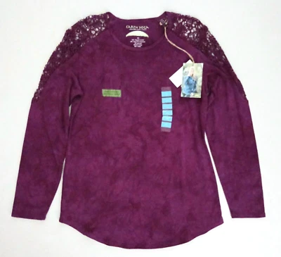 NWT Earth Yoga L/S T Shirt Purple Organic Cotton Bamboo Blend Crochet Trim Sz XL - Image 1 of 4
