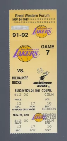 1991 MAGIC JOHNSON HIV SEASON - BUCKS @ LOS ANGELES LAKERS NBA FULL TICKET 11/24 Cover