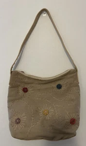 Stone Mountain Boho Khaki Canvas Shoulder Bag With Flowers And Beaded Centers - Picture 1 of 4
