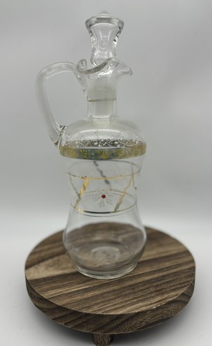 Clear Glass Hand Blown Decanter with Stopper and Handle Painted Bohemian Coastal