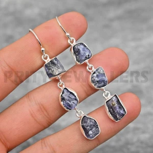 Tanzanite Rough Earrings 925 Sterling Silver Handmade Gemstone Jewelry 2.40" - Picture 1 of 5