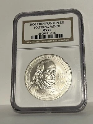 2006 P  Ben Franklin Founding Father Silver Dollar NGC MS70 Coin - Image 1 of 2