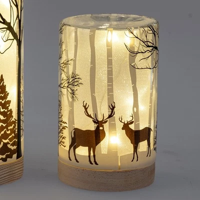 LED Deko Licht, Tischlampe NATURE mit Hirschen H. 15cm Glas + Holz Formano W25 - Bild 1 von 3