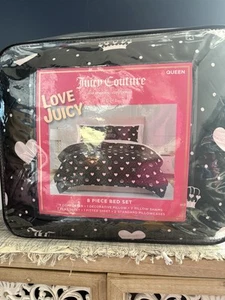 Juicy Couture 8pc QUEEN Comforter Set Black w/Pink Hearts, Crowns & JC Monograms - Picture 1 of 6