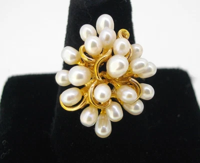 Кольцо 14K желтое золото 20 культивированный Biwa жемчуг кластер размер 6 3/4 изящный блеск - Изображение 1 из 4