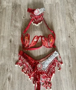 Set sciarpa sexy danza del ventre carnevale paillettes reggiseno nappa frange fianchi girocollo rosso - Foto 1 di 4