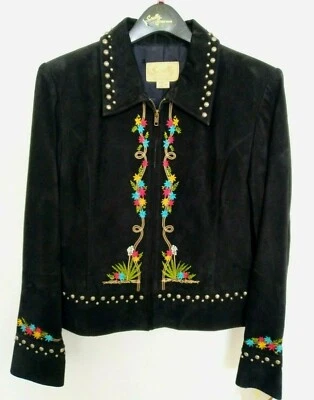 NUEVO CON ETIQUETAS Talla: M Chaqueta de Cuero Negra para Mujer - Tachonado Bordado Floral Occidental Foto 1 de 4