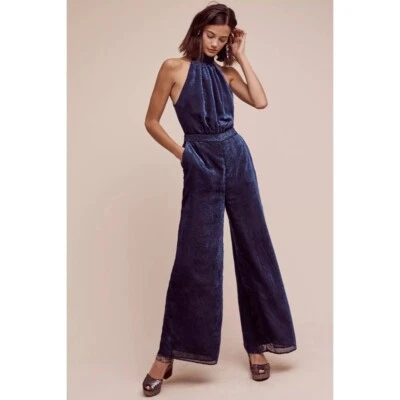 Anthropologie ELEVENSES Velvet Nova Jumpsuit Mock Neck Textured Blue Size 6 - Image 1 of 4