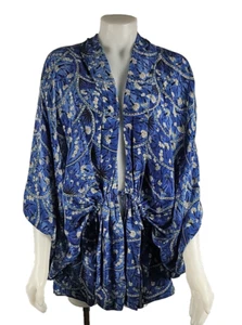 Elizabeth And James 100% Silk Blue Floral GRETA Kimono Blouse Shirt Top Sz M/L - Picture 1 of 6