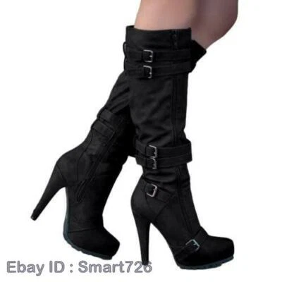 Women's High Heel Platform Buckle Knee High Boots Casual Gothic 40/43 Outdoor D - Image 1 of 4