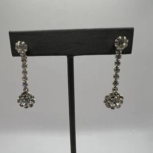 Vintage Pierced Earrings Clear Rhinestones Dangle Drop Silver Tone Statement - Picture 1 of 7
