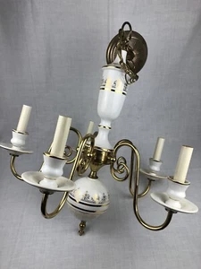 Vintage MCM Chandelier 5 Arm Light Gold / White / Brass & Porcelain Ornate - Picture 1 of 11
