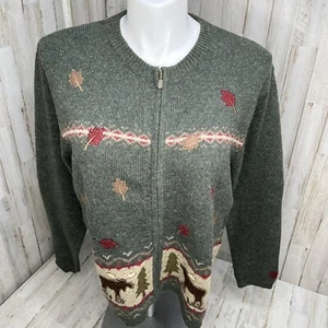 Croft And Barrow Size Large Full Zip Fall Leaves Cardigan Sweater Green      U26 - Picture 1 of 8